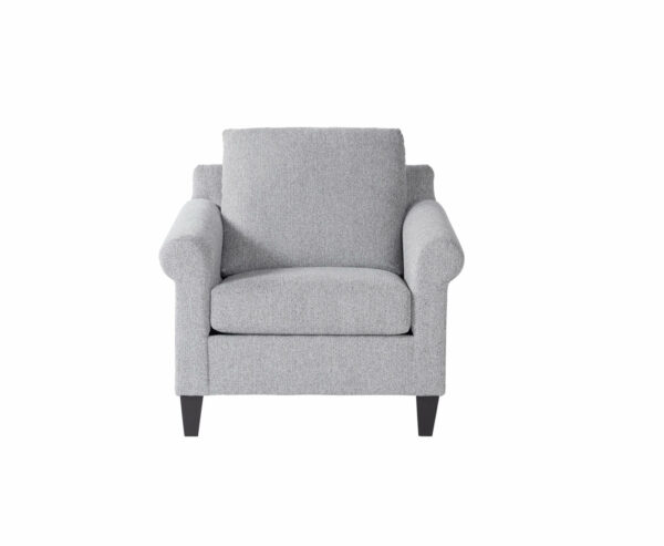 Comfortable Reedy chair with plush cushions and short dark legs